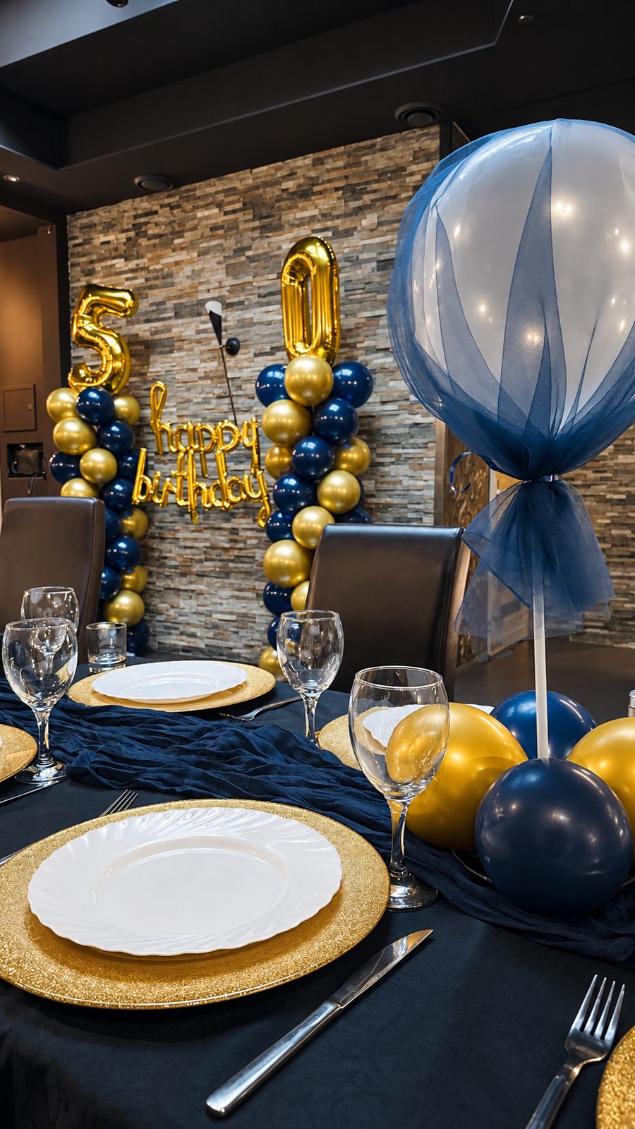 Deko zum 50. Geburtstag mit Ballonsäulen in Blau und Gold und Tischdeko mit goldenen Platztellern