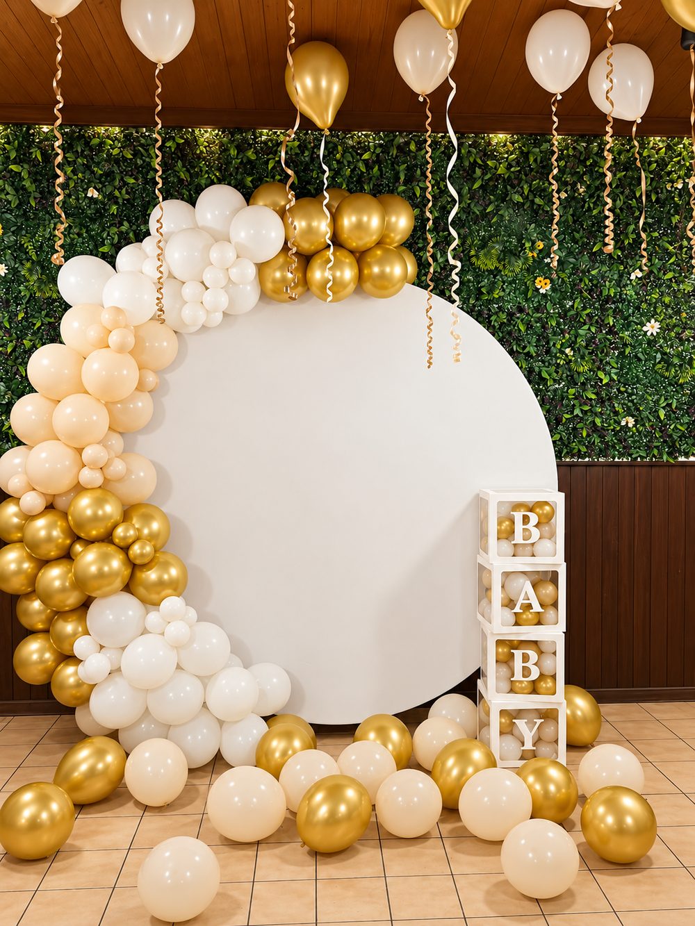 Babyshower-Deko: runde Fotowand mit Ballongirlande in Gold, Weiß und Pfirsich und BABY-Boxen
