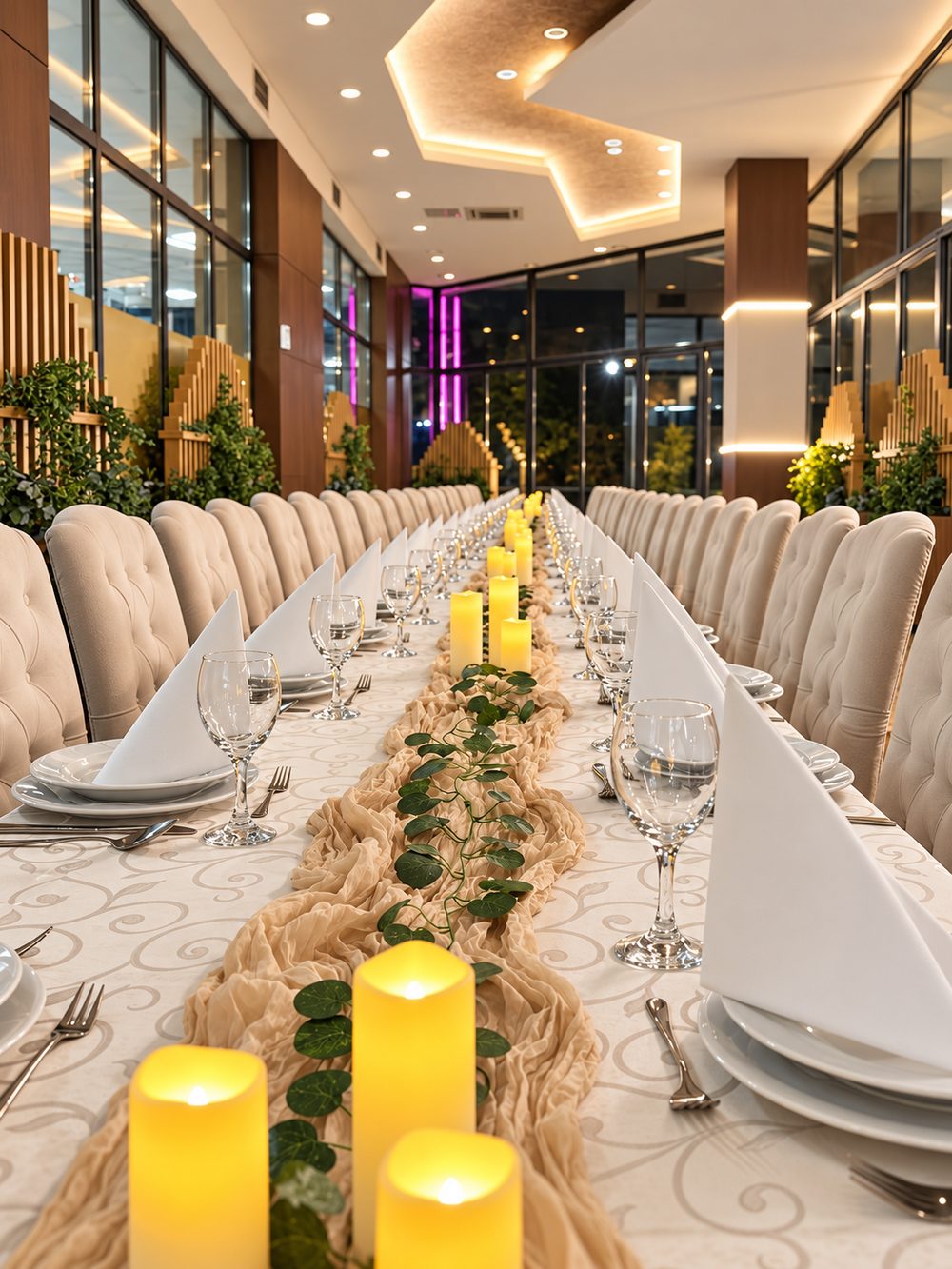 Festtafel für eine Firmenfeier mit Tischläufer, Efeu und LED-Kerzen