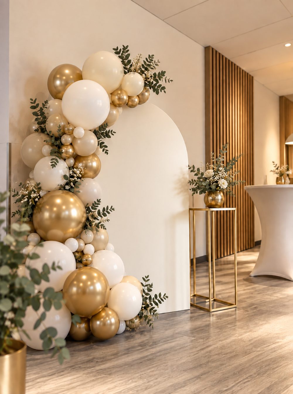 Empfangs- und Messedeko: Rundbogen mit Ballongirlande in Gold und Creme und Eukalyptus