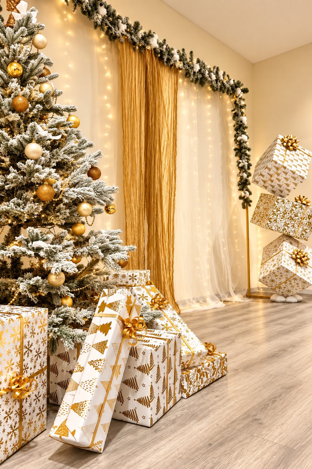 Weihnachtsdeko in Gold und Weiß mit Christbaum, Lichtervorhang und Geschenken