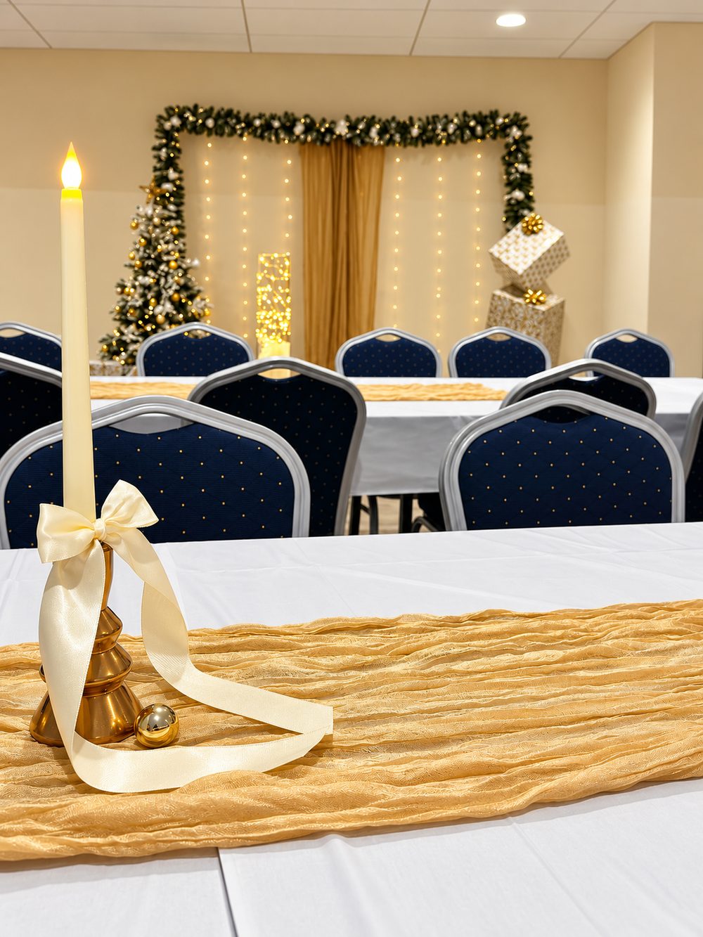 Tischdeko für eine Weihnachtsfeier mit goldenem Läufer, Kerze und Satinschleife